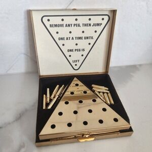 Vintage Gold Tone Peg Solitaire Travel Game Compact Marble Inlay Triangle Puzzle